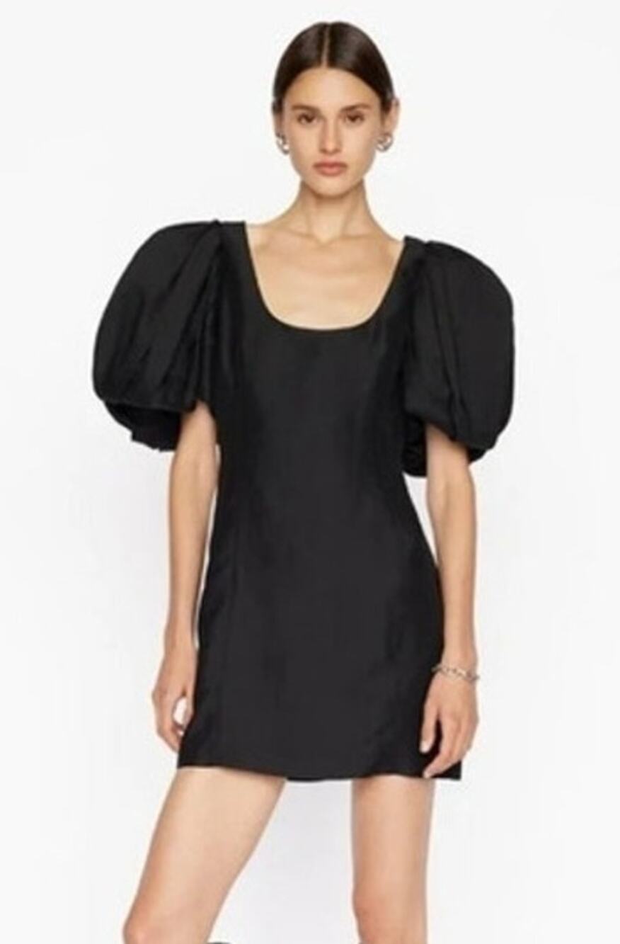 Frame NWT Black Puff Sleeve Scoop Neck Slubbed Poplin Mini Dress Size XS